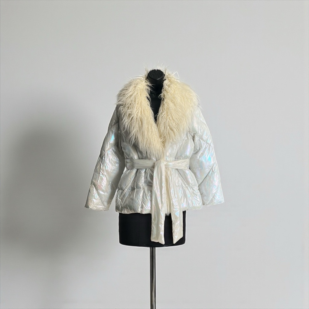 Iridescent White Fur Collar Jacket - Picture 2 of 8